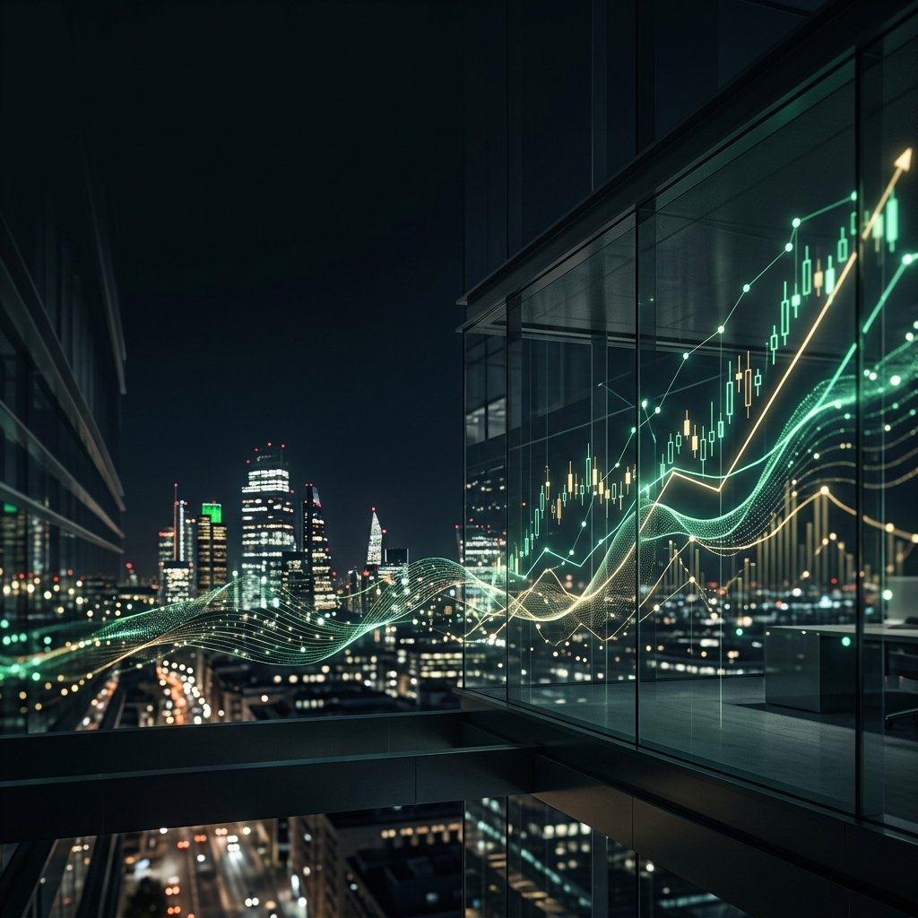 Digital stock market chart rising over a modern city skyline at night, representing financial growth and market analysis.