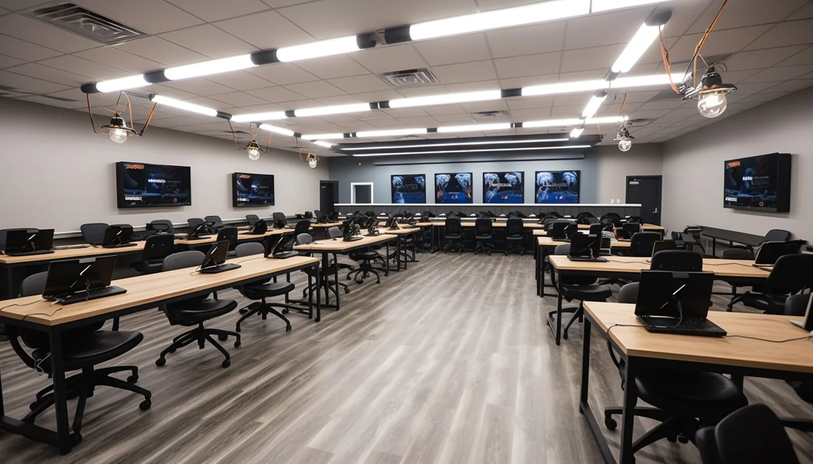 Modern computer training room with workstations, large displays, and seating for technical education and professional training.