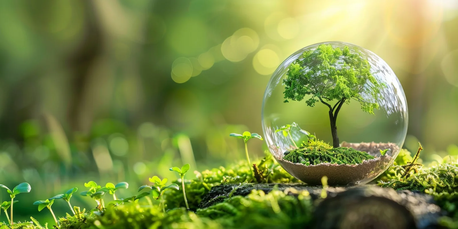 Glass globe protecting a healthy tree, representing sustainable, low-maintenance landscape design and environmental stewardship.